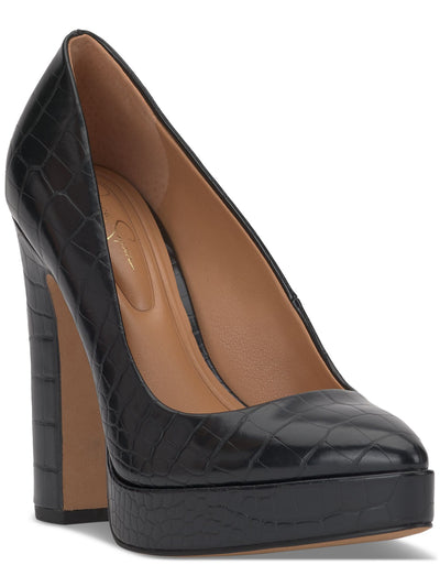 JESSICA SIMPSON Womens Black Solid Croc Padded Glynis Pointed Toe Block Heel Slip On Dress Pumps Shoes 9.5 M