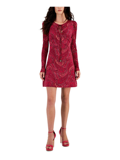 RACHEL RACHEL ROY Womens Red Lined Tie-keyhole Pullover Paisley Long Sleeve Scoop Neck Short Sheath Dress XL