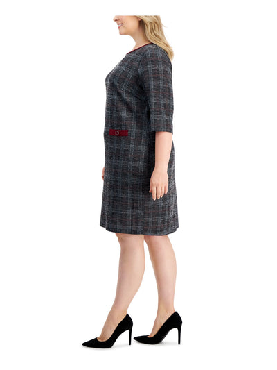 CONNECTED APPAREL Womens Gray Unlined Pull-on Faux Pockets Plaid Elbow Sleeve Round Neck Short Wear To Work Sheath Dress Plus 24W