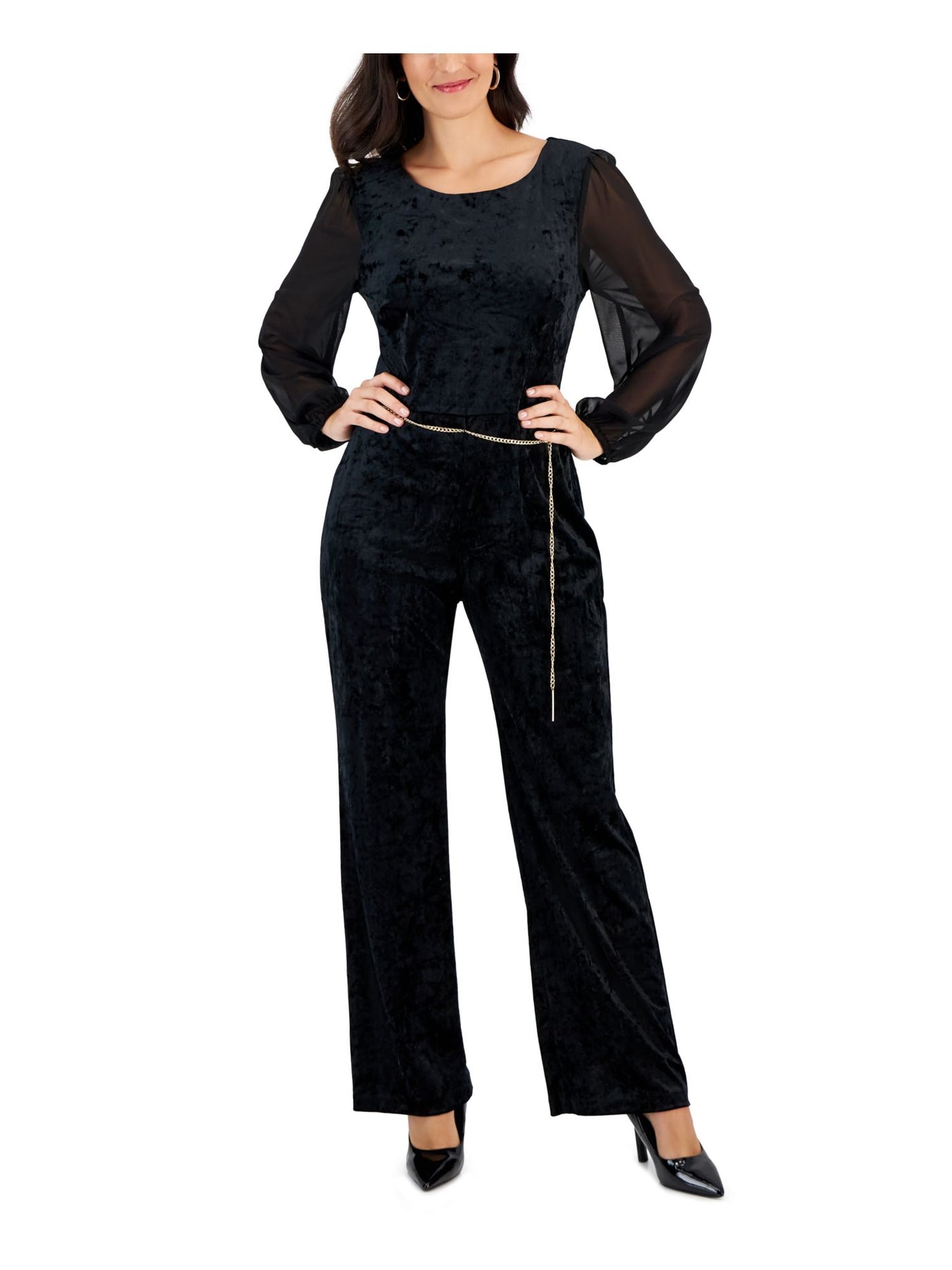 CONNECTED APPAREL Womens Black Zippered Sheer Long Sleeves Chain Belt Round Neck Party Wide Leg Jumpsuit Petites 10P