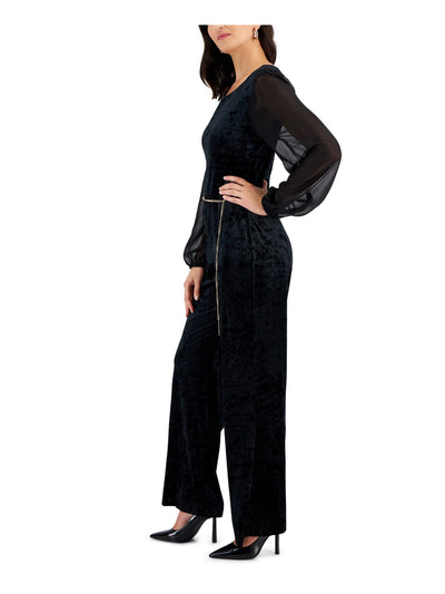 CONNECTED APPAREL Womens Black Zippered Sheer Long Sleeves Chain Belt Round Neck Party Wide Leg Jumpsuit Petites 10P