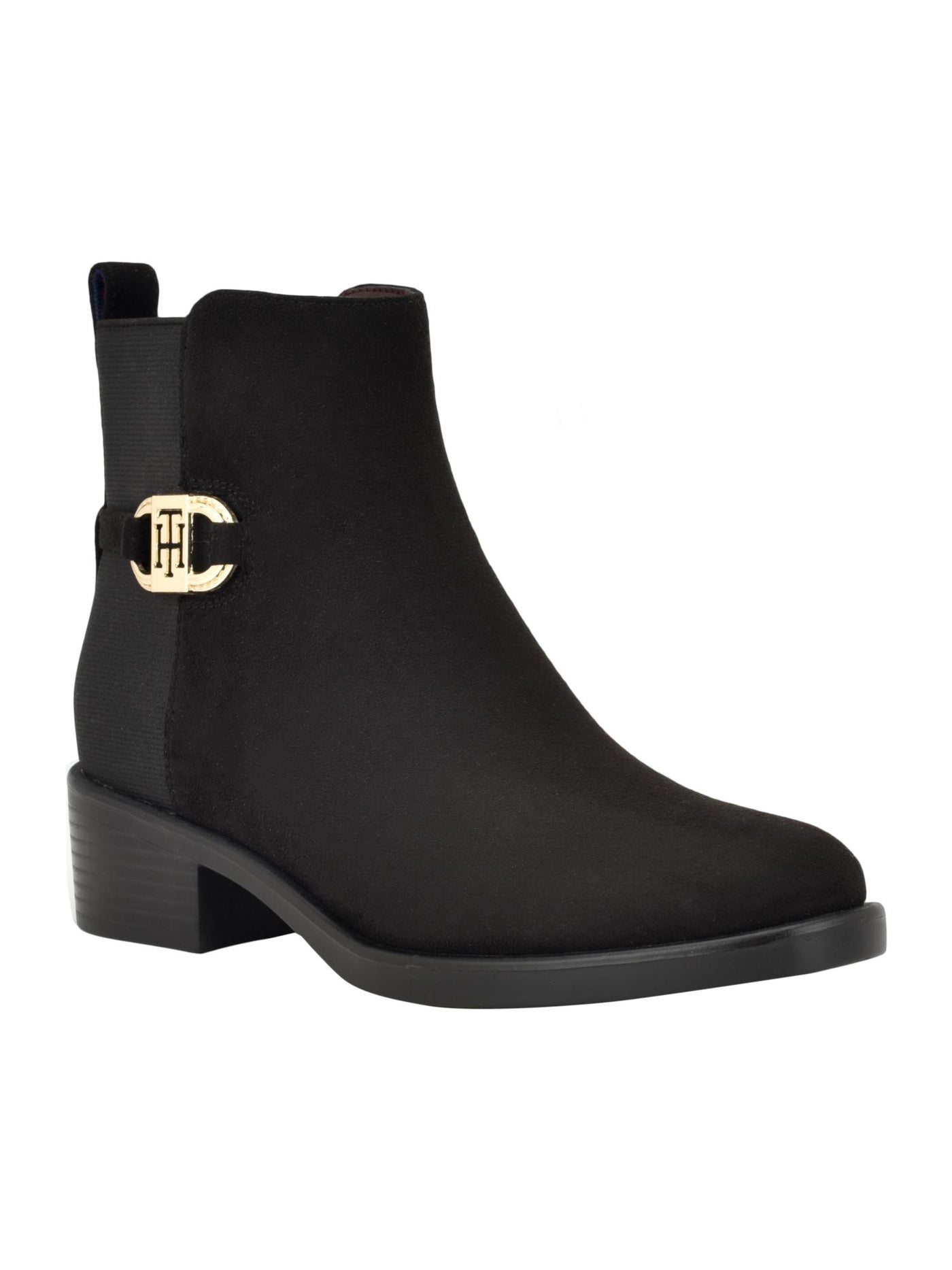 TOMMY HILFIGER Womens Black Logo Hardware Ankle Strap Stretch Pannel Back Padded Imiera Almond Toe Block Heel Zip-Up Booties 9.5 M