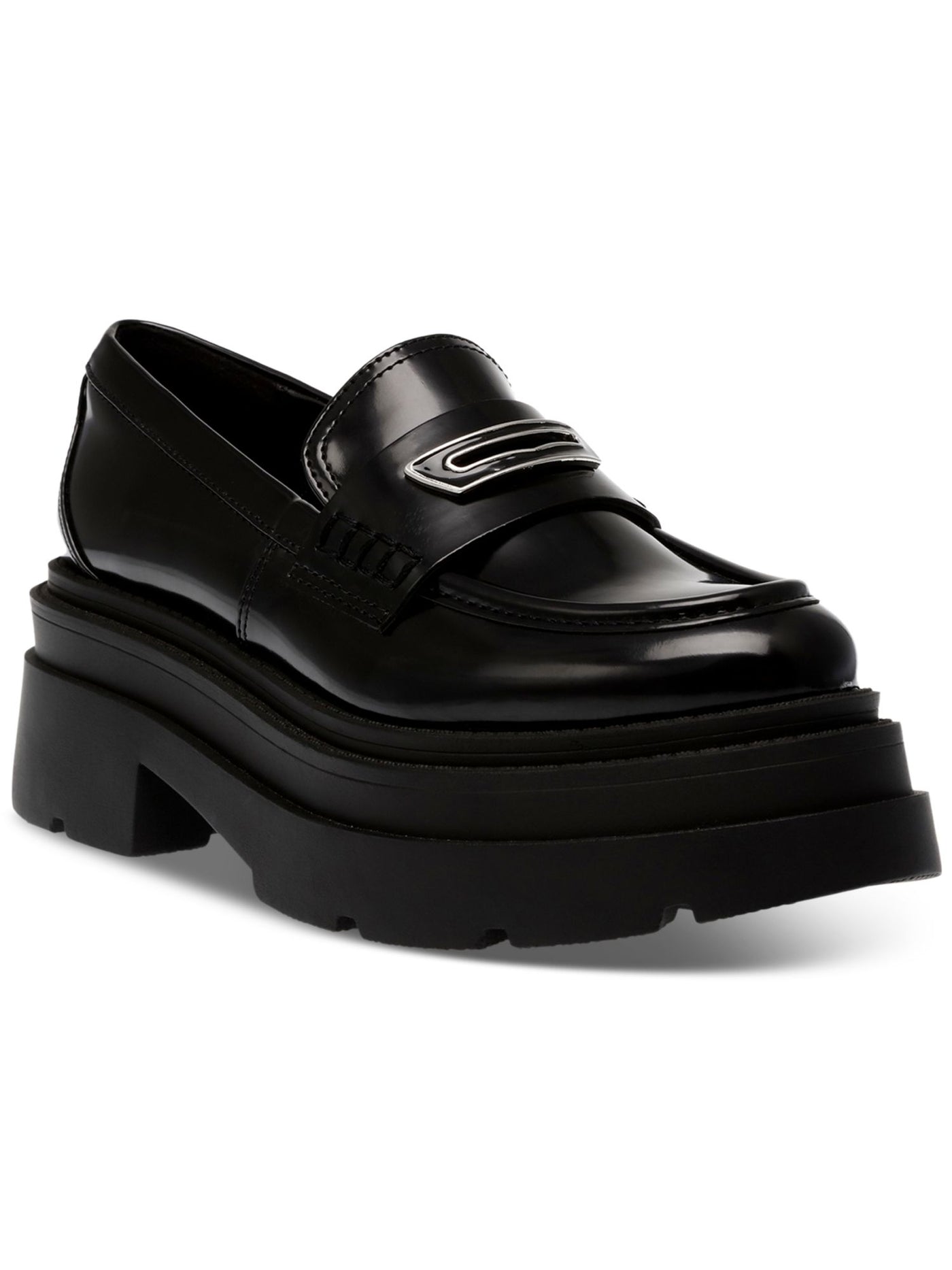 WILD PAIR Womens Black 1-1/2" Platform Hardware Accent Lug Sole Padded Nelley Round Toe Block Heel Slip On Heeled Loafers 7 M