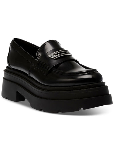 WILD PAIR Womens Black 1-1/2" Platform Hardware Accent Lug Sole Padded Nelley Round Toe Block Heel Slip On Heeled Loafers 7 M