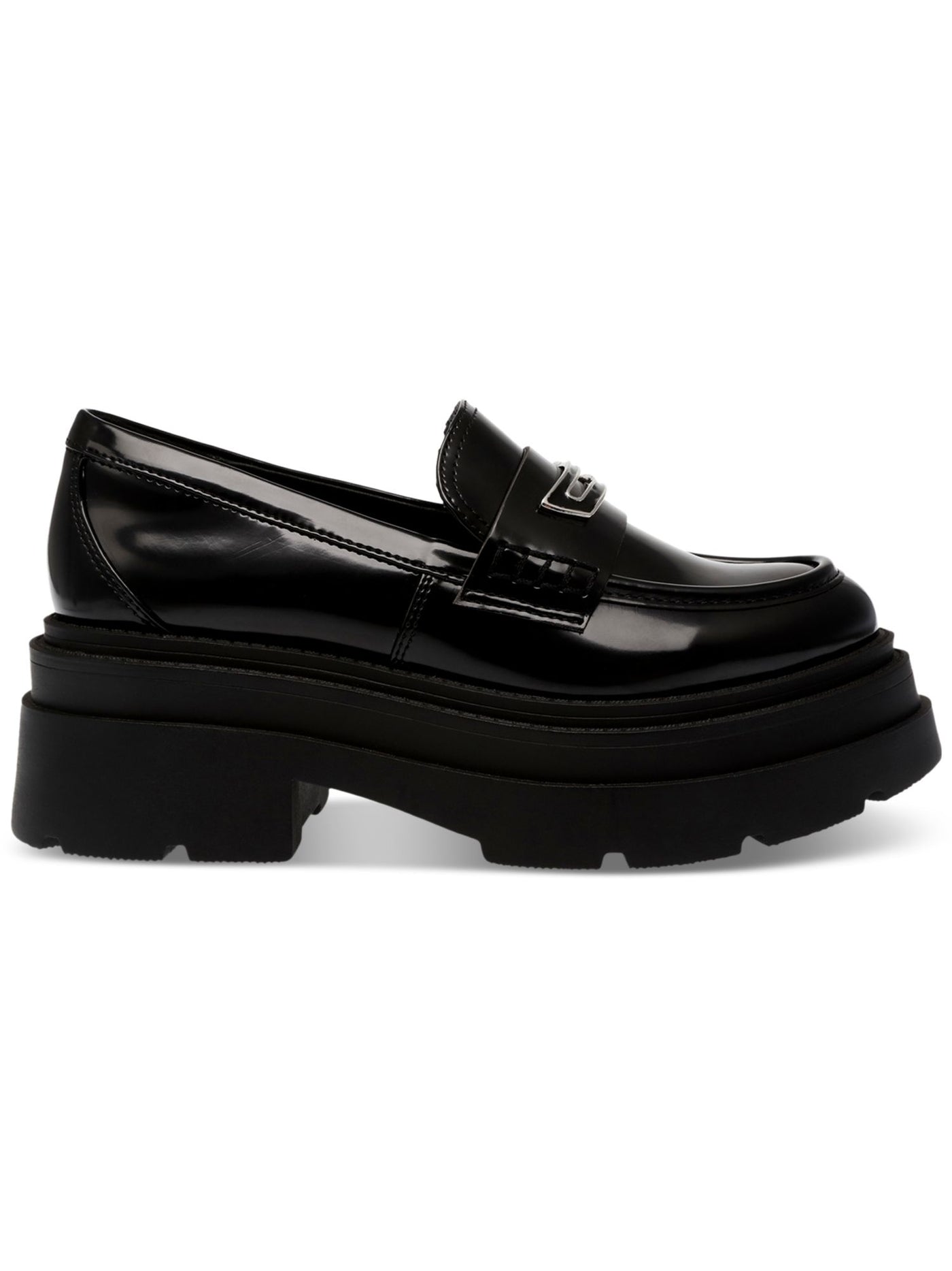 WILD PAIR Womens Black 1-1/2" Platform Hardware Accent Lug Sole Padded Nelley Round Toe Block Heel Slip On Heeled Loafers 7 M