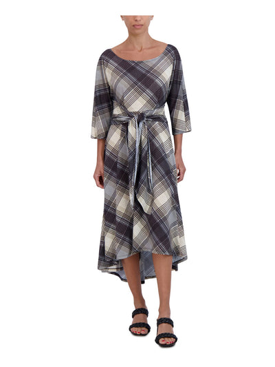 SIGNATURE BY ROBBIE BEE Womens Gray Unlined Tie Waist Pullover Plaid 3/4 Sleeve Round Neck Midi Hi-Lo Dress M