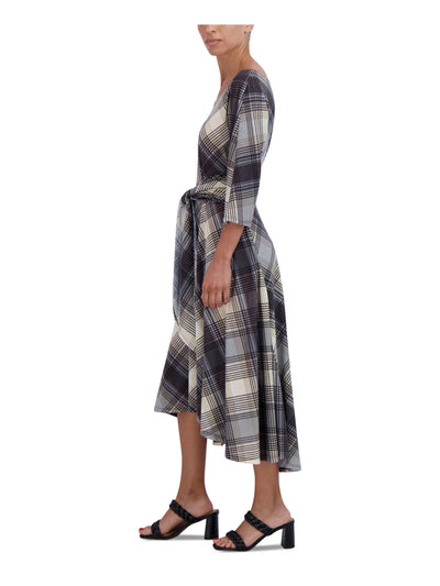 SIGNATURE BY ROBBIE BEE Womens Gray Unlined Tie Waist Pullover Plaid 3/4 Sleeve Round Neck Midi Hi-Lo Dress L