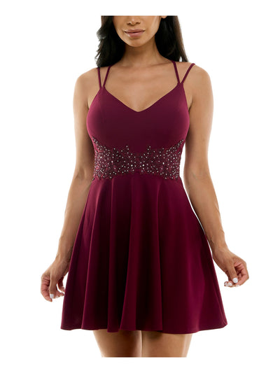 B DARLIN Womens Burgundy Zippered Embroidered Applique Waist Sleeveless V Neck Short Party Fit + Flare Dress Juniors 11\12