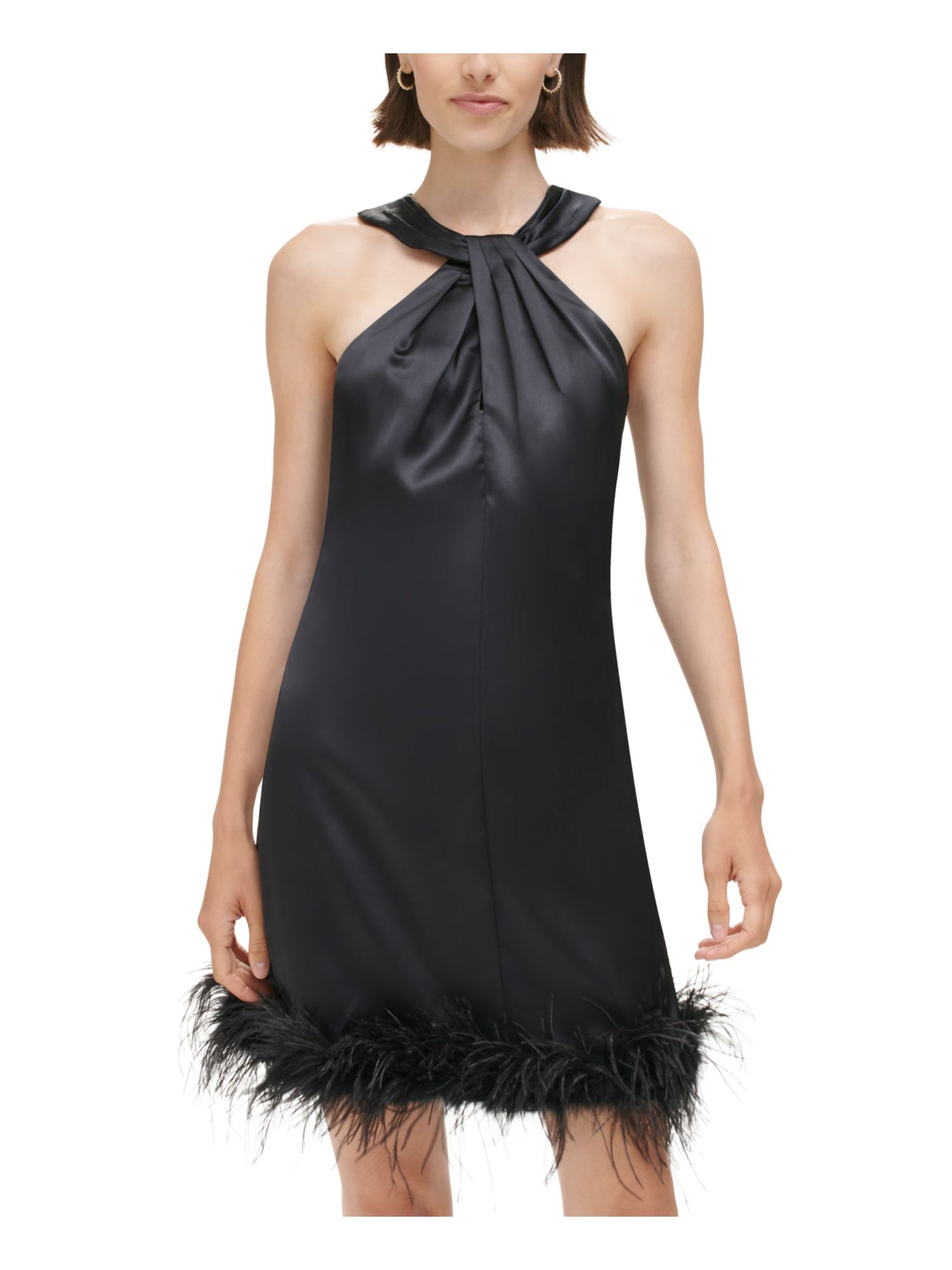 ELIZA J Womens Black Pleated Zippered Twisted Halter Neck Feather Trim Sleeveless Short Party Shift Dress 2