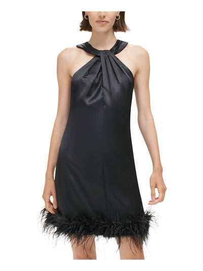 ELIZA J Womens Black Pleated Zippered Twisted Halter Neck Feather Trim Sleeveless Short Party Shift Dress 2