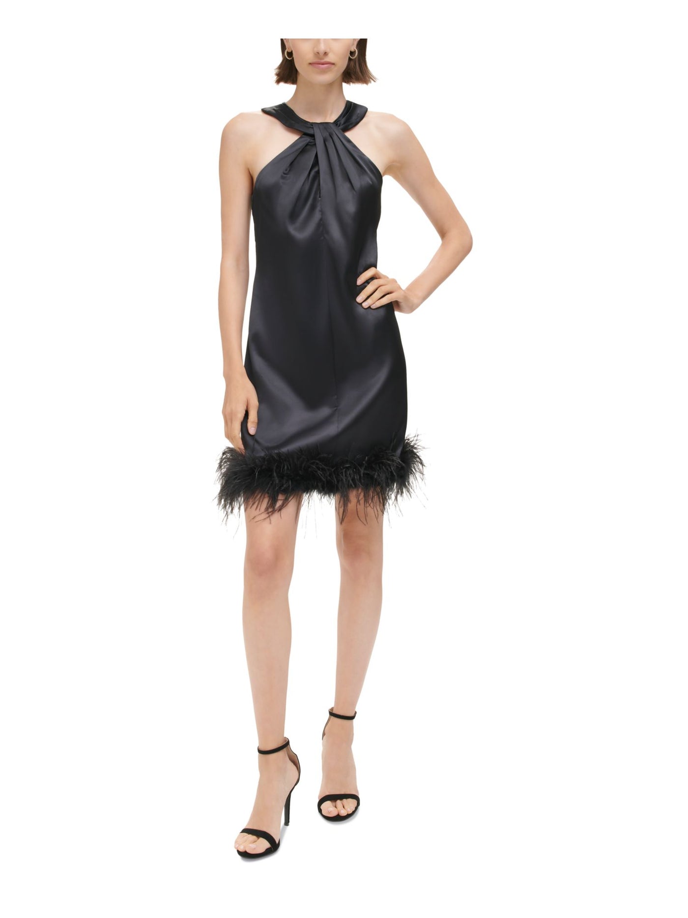ELIZA J Womens Black Pleated Zippered Twisted Halter Neck Feather Trim Sleeveless Short Party Shift Dress 10