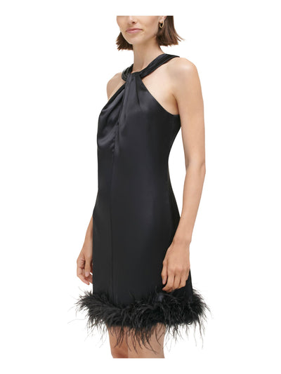 ELIZA J Womens Black Pleated Zippered Twisted Halter Neck Feather Trim Sleeveless Short Party Shift Dress 2