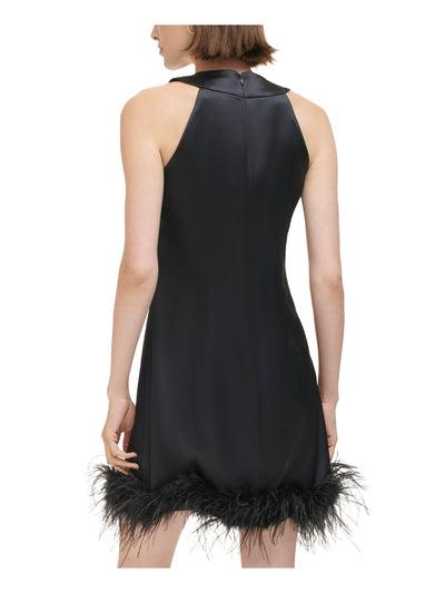 ELIZA J Womens Black Pleated Zippered Twisted Halter Neck Feather Trim Sleeveless Short Party Shift Dress 2
