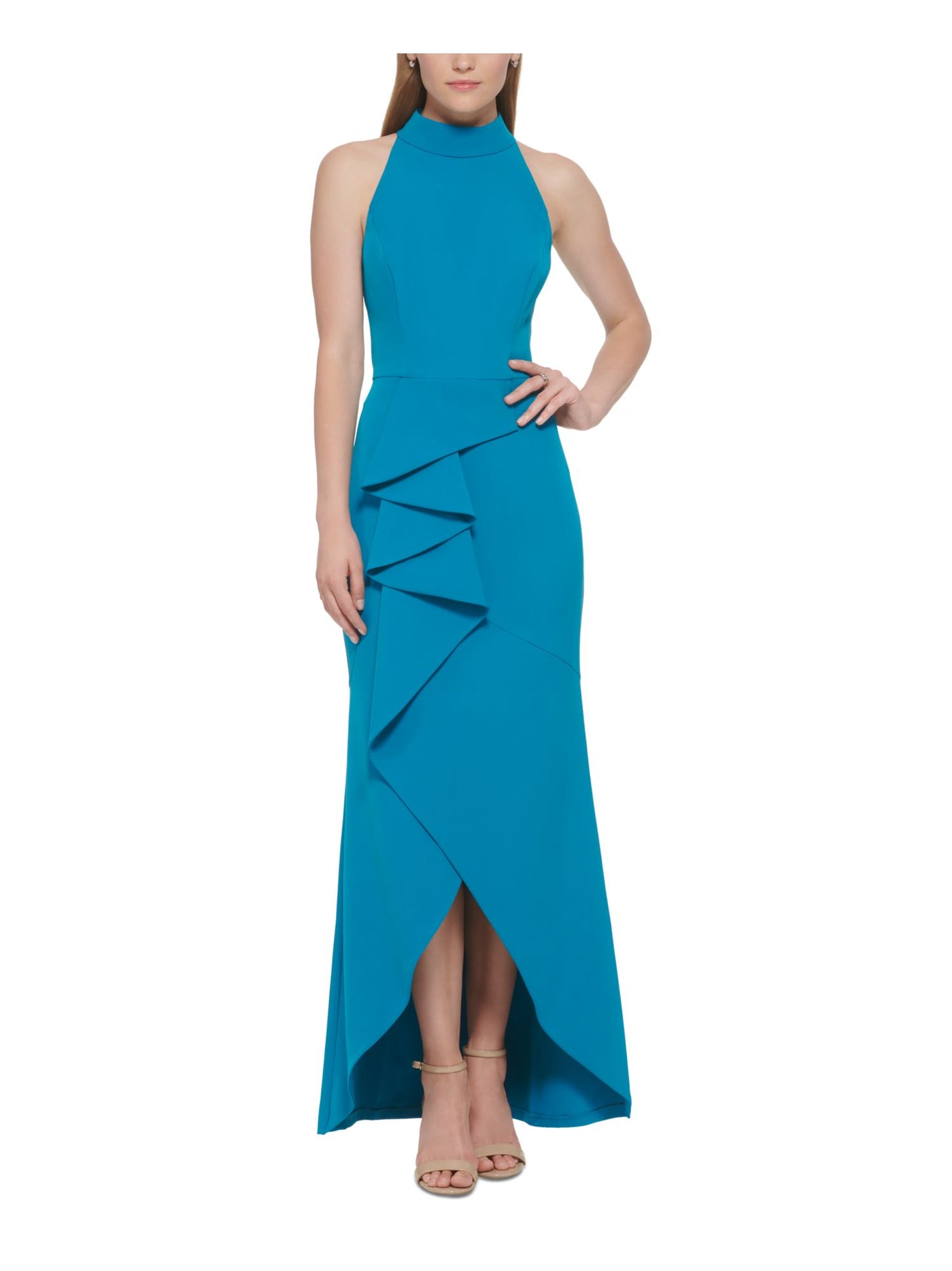 VINCE CAMUTO Womens Teal Zippered Lined Cascade Ruffle Tulip Hem Sleeveless Halter Full-Length Formal Gown Dress 12