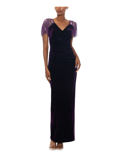 XSCAPE Womens Purple Pleated Zippered Beaded Short Sleeves Ruched V Neck Full-Length Formal Gown Dress 8