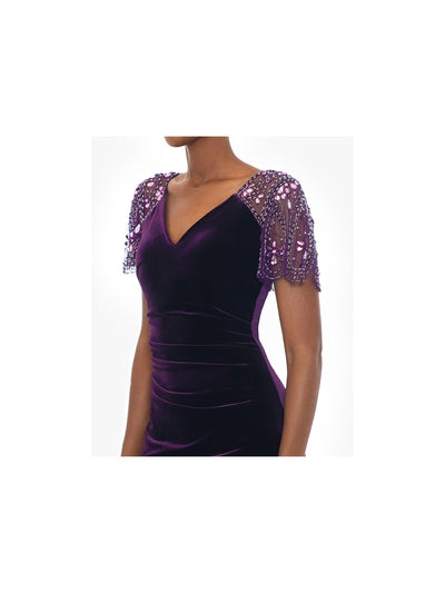 XSCAPE Womens Purple Pleated Zippered Beaded Short Sleeves Ruched V Neck Full-Length Formal Gown Dress 8