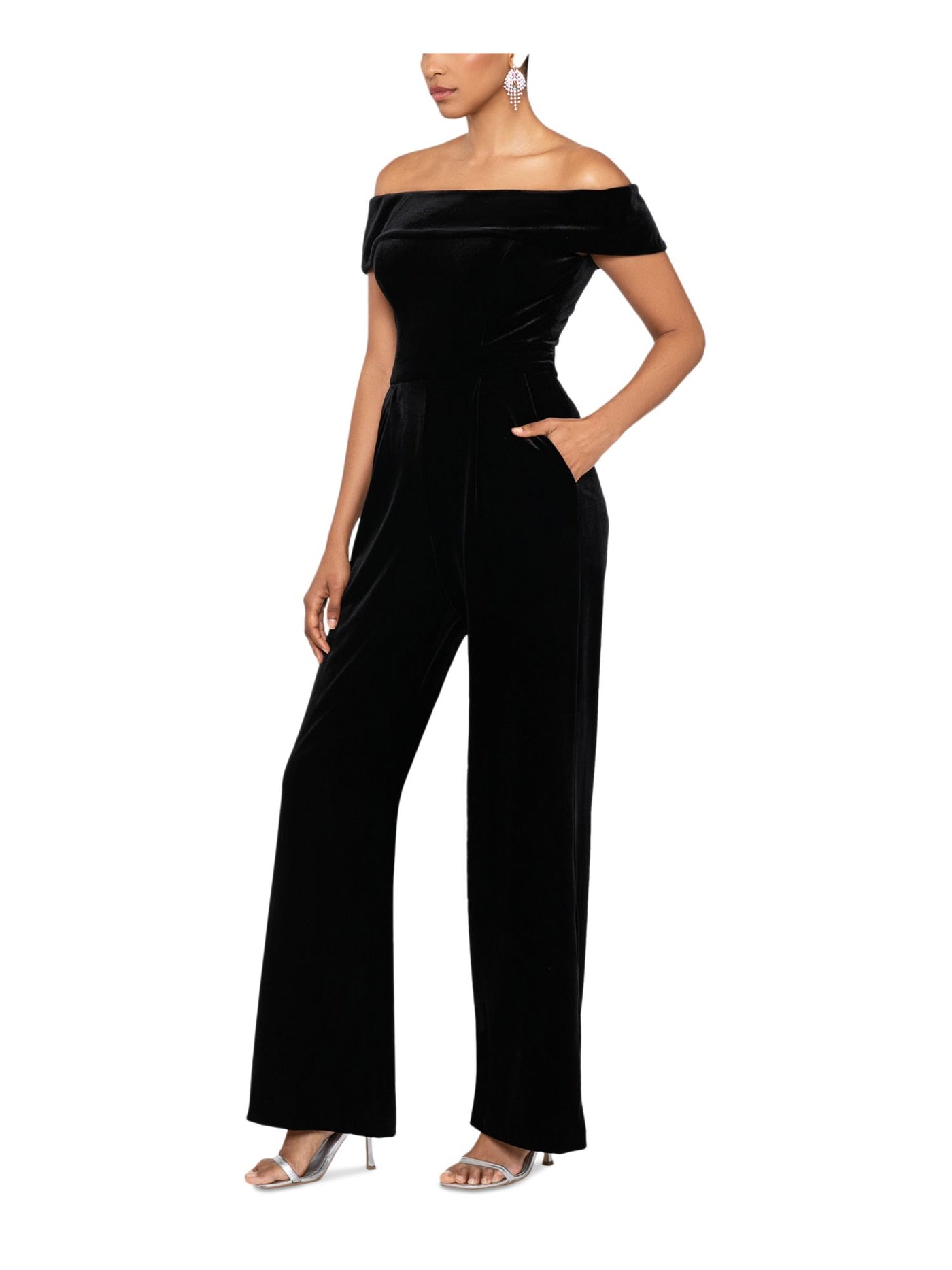 XSCAPE Womens Black Zippered Pocketed Ribbed Bodice Top Fold Over Deta Sleeveless Off Shoulder Party Straight leg Jumpsuit 8