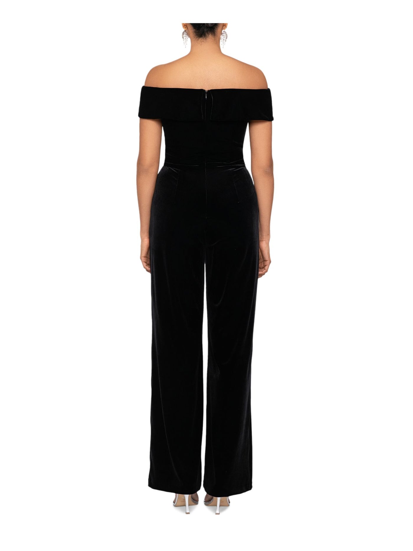 XSCAPE Womens Black Zippered Pocketed Ribbed Bodice Top Fold Over Deta Sleeveless Off Shoulder Party Straight leg Jumpsuit 8