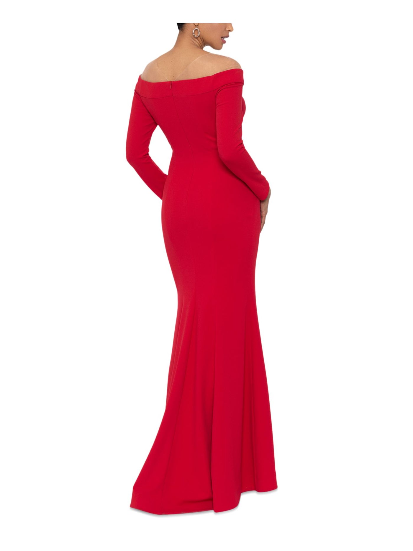 XSCAPE Womens Red Zippered Lined Off The Shoulder Keyhole Long Sleeve Illusion Neckline Full-Length Gown Dress 4