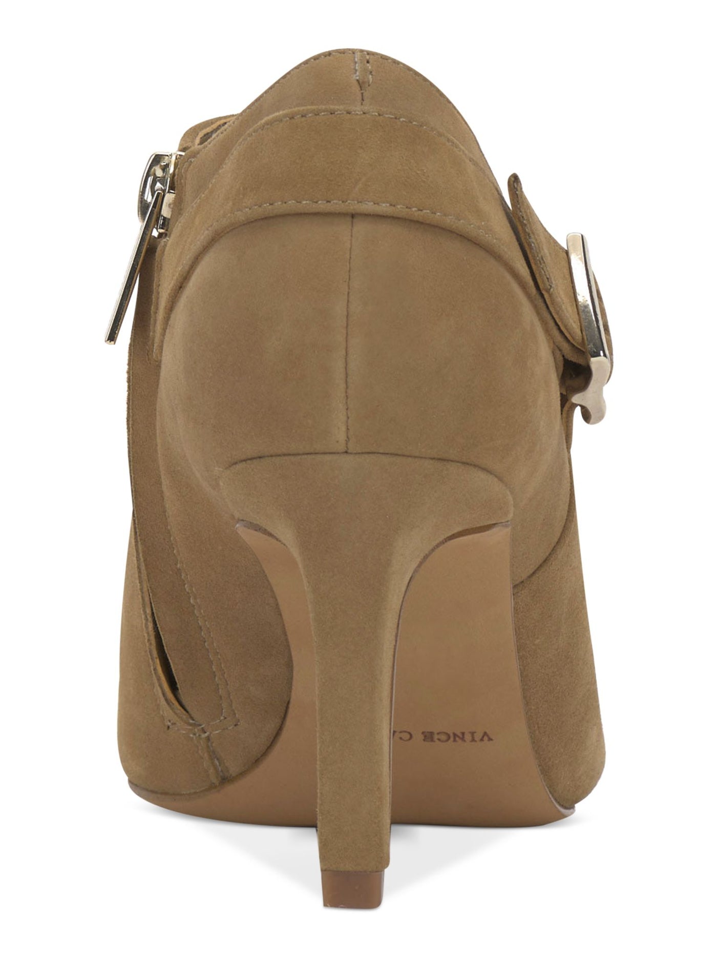 VINCE CAMUTO Womens Beige Buckled Ankle Strap Accent Padded Kreitha Pointed Toe Stiletto Zip-Up Leather Booties 8 M
