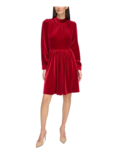 CALVIN KLEIN Womens Red Gathered Zippered Lined Cuffed Sleeve Mock Neck Above The Knee Party Fit + Flare Dress 4