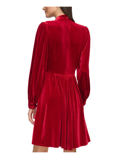 CALVIN KLEIN Womens Red Gathered Zippered Lined Cuffed Sleeve Mock Neck Above The Knee Party Fit + Flare Dress 2