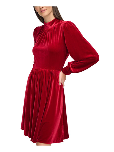CALVIN KLEIN Womens Red Gathered Zippered Lined Cuffed Sleeve Mock Neck Above The Knee Party Fit + Flare Dress 2