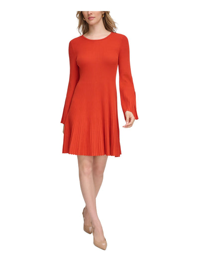 CALVIN KLEIN Womens Orange Ribbed Slit Sleeves Bell Sleeve Jewel Neck Above The Knee Sweater Dress M