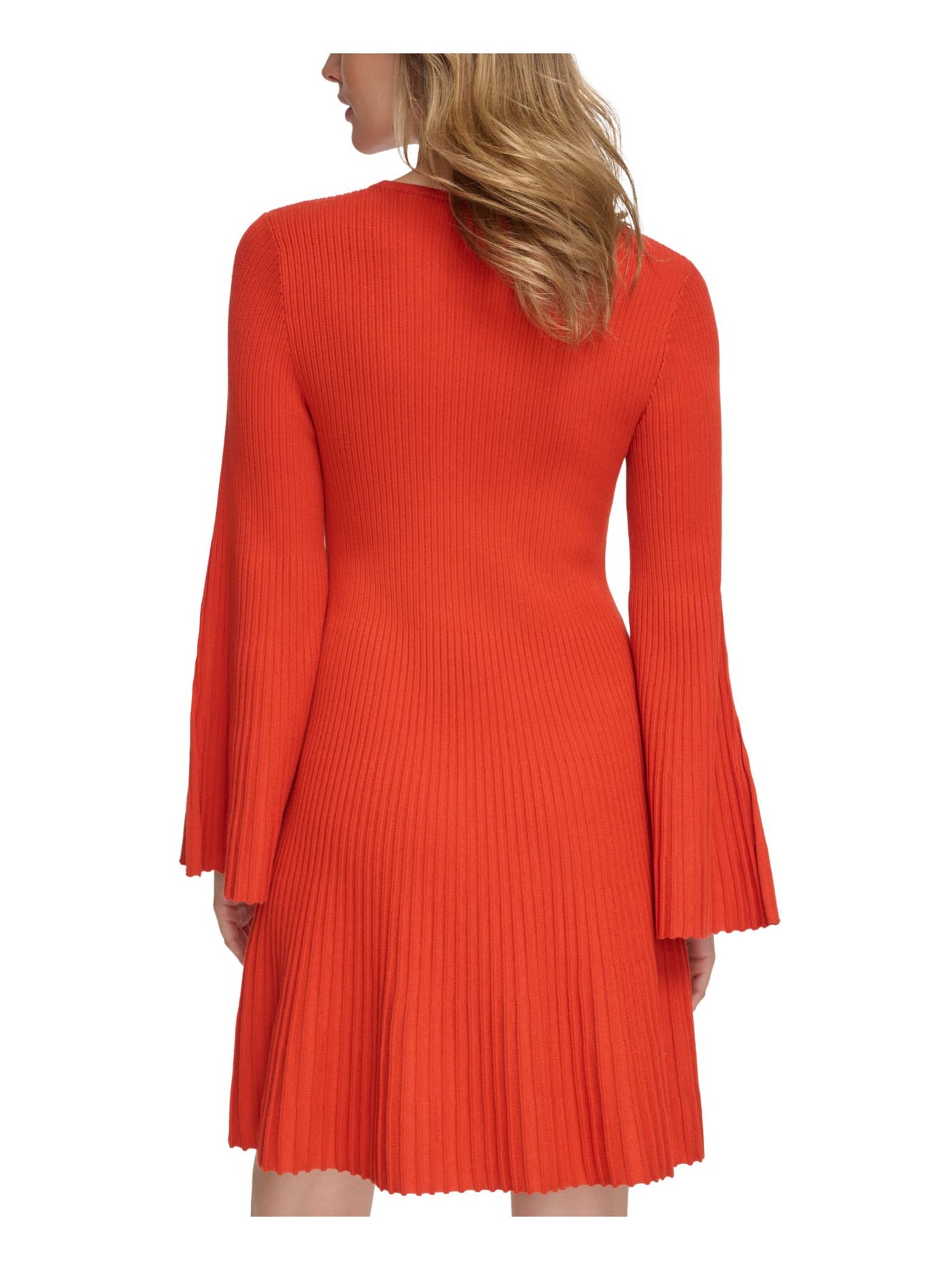 CALVIN KLEIN Womens Orange Ribbed Slit Sleeves Bell Sleeve Jewel Neck Above The Knee Sweater Dress M