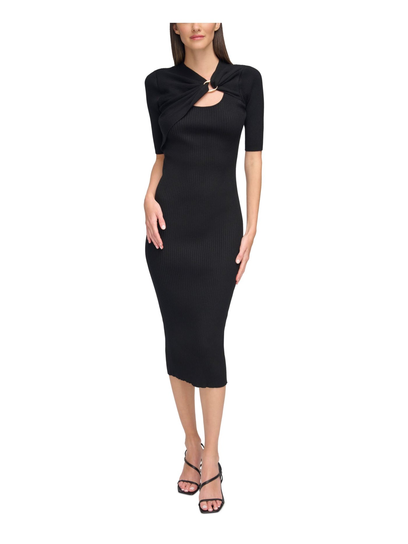 CALVIN KLEIN Womens Black Knit Ribbed Hardware Detail Short Sleeve Asymmetrical Neckline Midi Cocktail Sweater Dress M