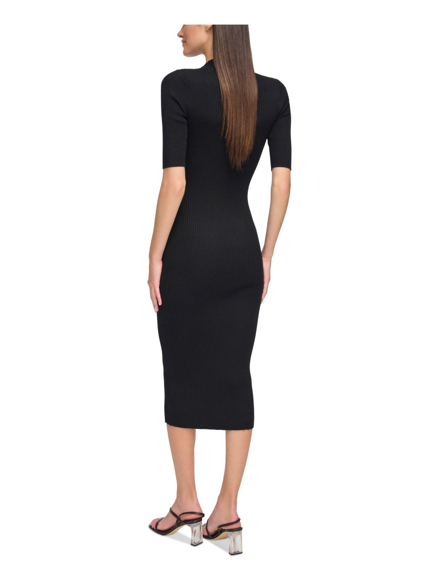 CALVIN KLEIN Womens Black Knit Ribbed Hardware Detail Short Sleeve Asymmetrical Neckline Midi Cocktail Sweater Dress S