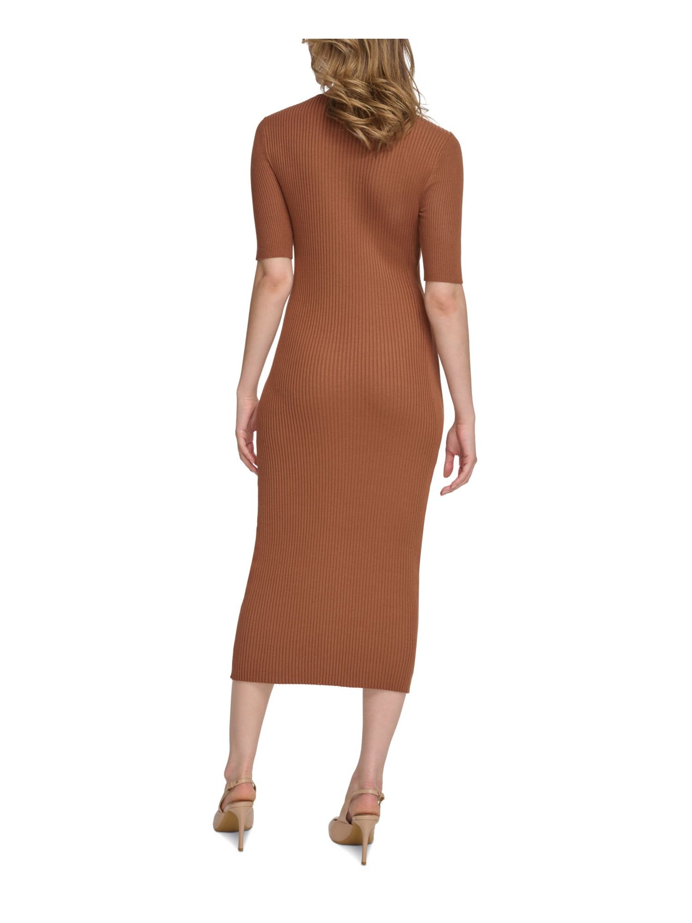 CALVIN KLEIN Womens Brown Knit Ribbed Hardware Detail Short Sleeve Asymmetrical Neckline Midi Party Sweater Dress M