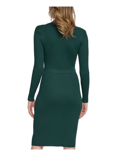 CALVIN KLEIN Womens Green Ribbed Button Accents Pull-on Long Sleeve Collared Knee Length Sheath Dress XL