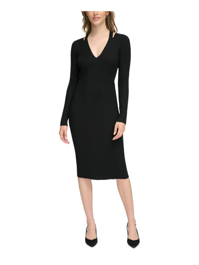 CALVIN KLEIN Womens Black Stretch Ribbed Cut Out Long Sleeve V Neck Below The Knee Sheath Dress XL