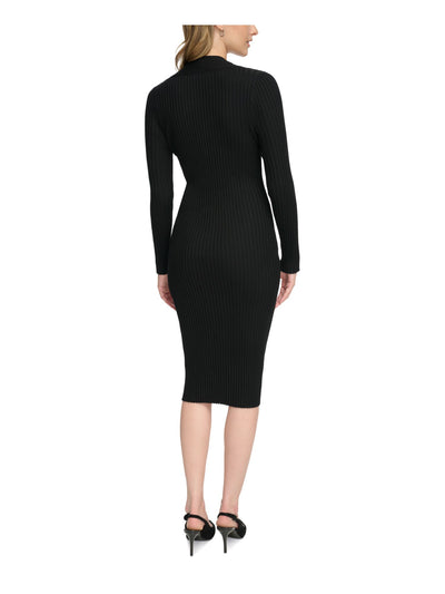 CALVIN KLEIN Womens Black Cut Out Ribbed Pullover Long Sleeve V Neck Below The Knee Party Sweater Dress L