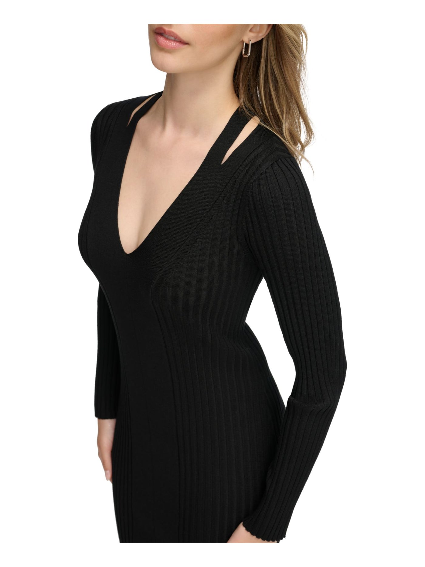 CALVIN KLEIN Womens Black Stretch Ribbed Cut Out Long Sleeve V Neck Below The Knee Sheath Dress XL