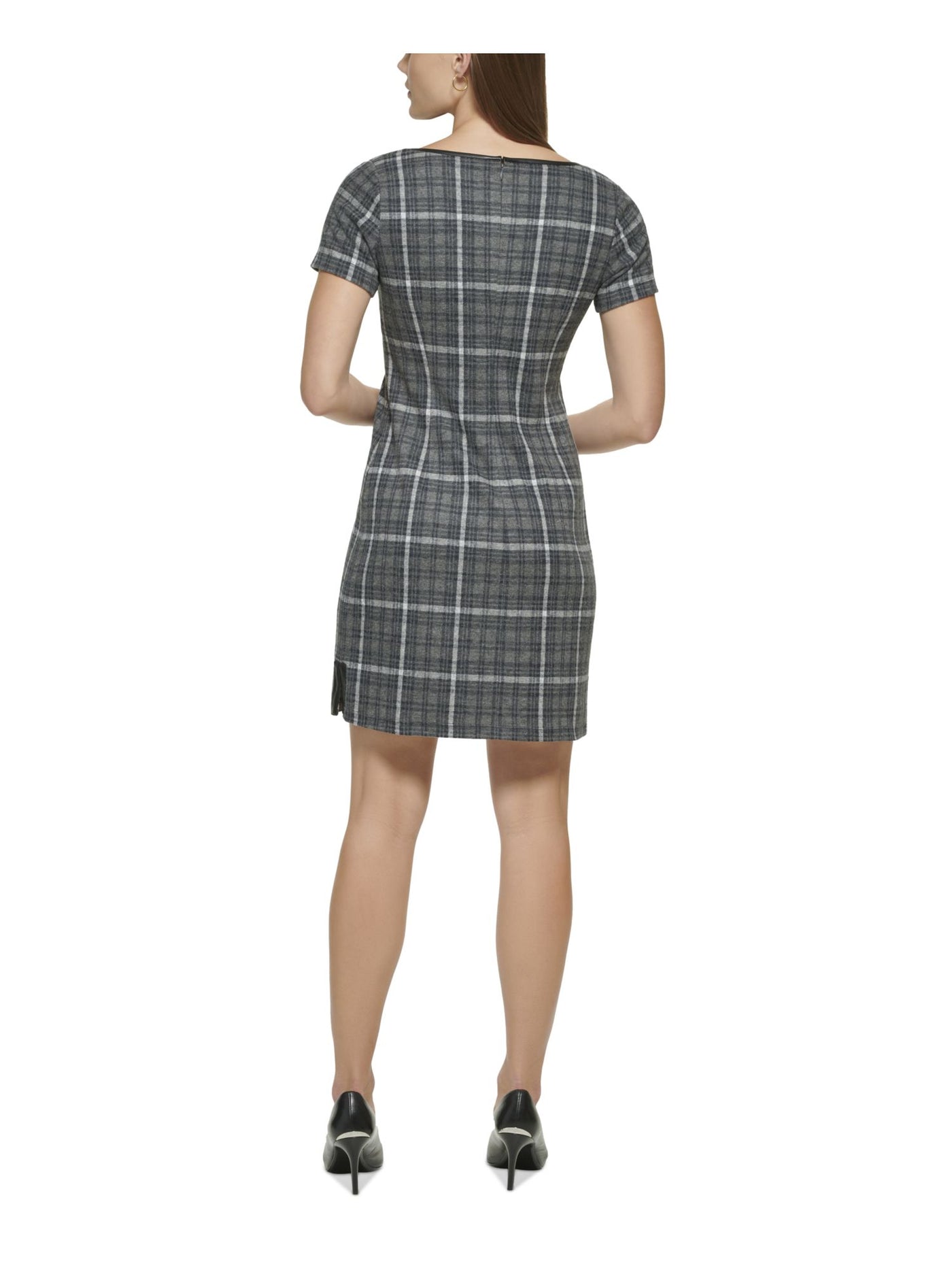 CALVIN KLEIN Womens Gray Zippered Unlined Plaid Short Sleeve Scoop Neck Short Party Sheath Dress 14