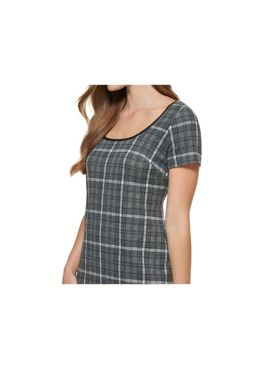 CALVIN KLEIN Womens Gray Zippered Unlined Plaid Short Sleeve Scoop Neck Short Party Sheath Dress 14