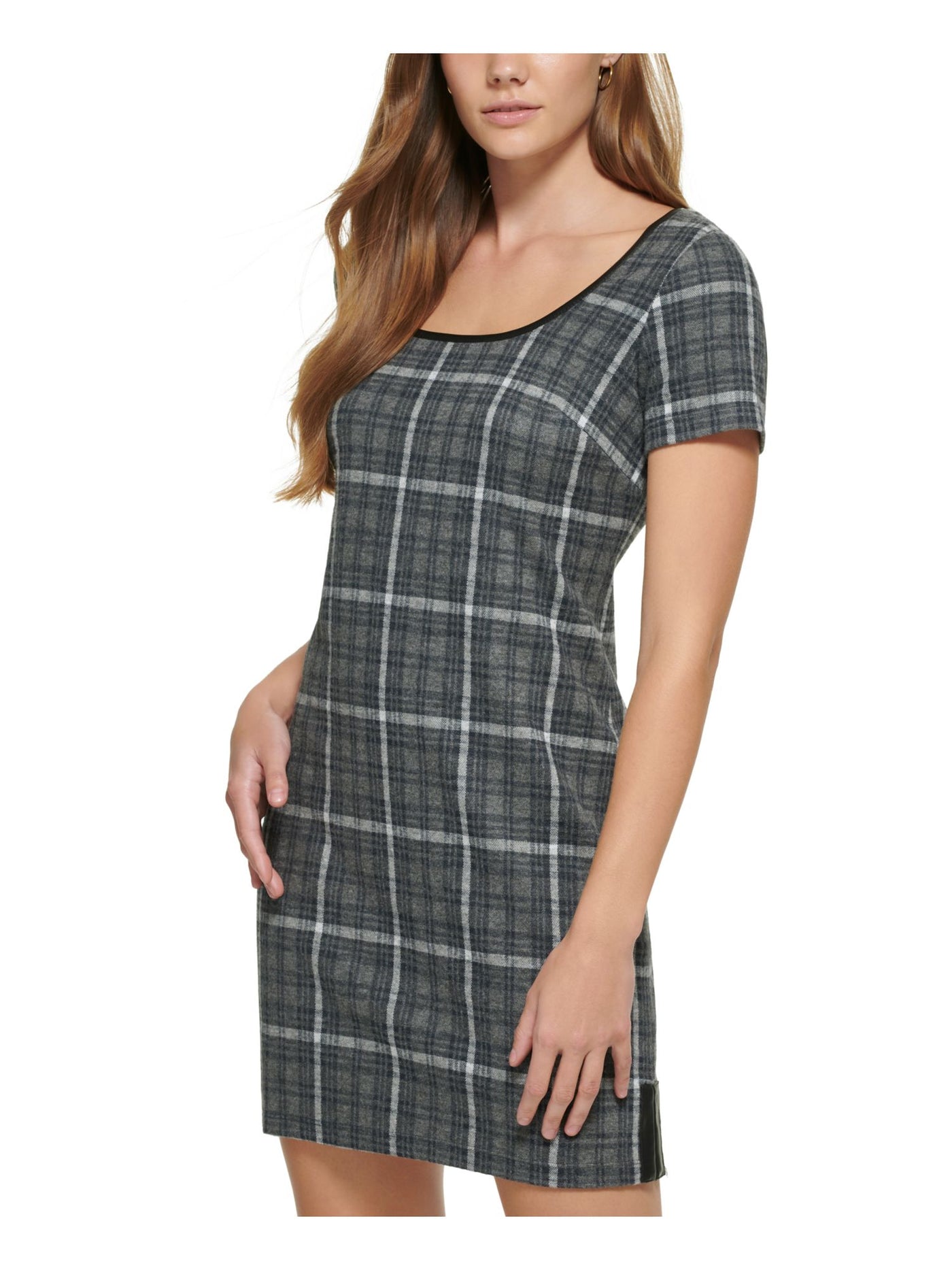 CALVIN KLEIN Womens Gray Zippered Unlined Plaid Short Sleeve Scoop Neck Short Party Sheath Dress 10