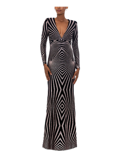 BETSY & ADAM Womens Black Glitter Zippered Lined Geometric Long Sleeve V Neck Full-Length Evening Gown Dress 10