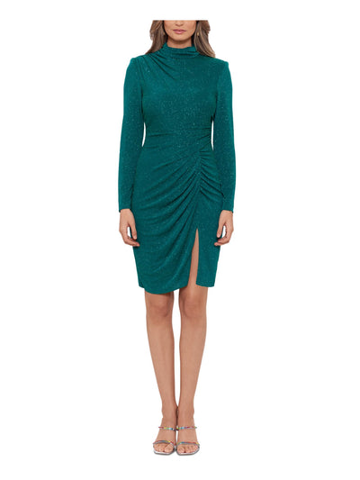 BETSY & ADAM Womens Green Ruched Zippered High-slit Lined Long Sleeve Mock Neck Above The Knee Party Sheath Dress 8