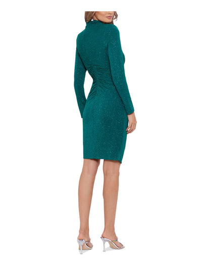 BETSY & ADAM Womens Green Ruched Zippered High-slit Lined Long Sleeve Mock Neck Above The Knee Party Sheath Dress 8