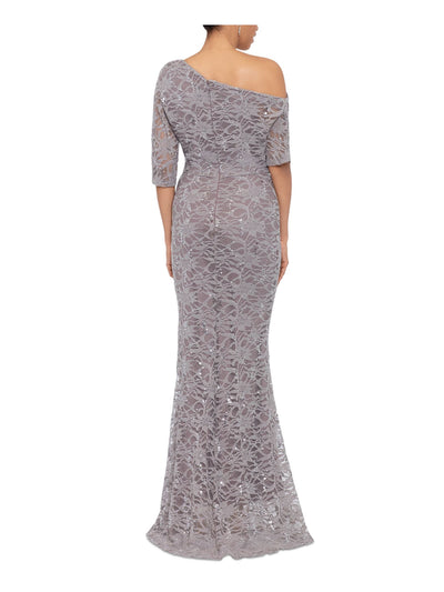 BETSY & ADAM Womens Beige Zippered Pleated Lined Elbow Sleeve Asymmetrical Neckline Full-Length Formal Sheath Dress 4