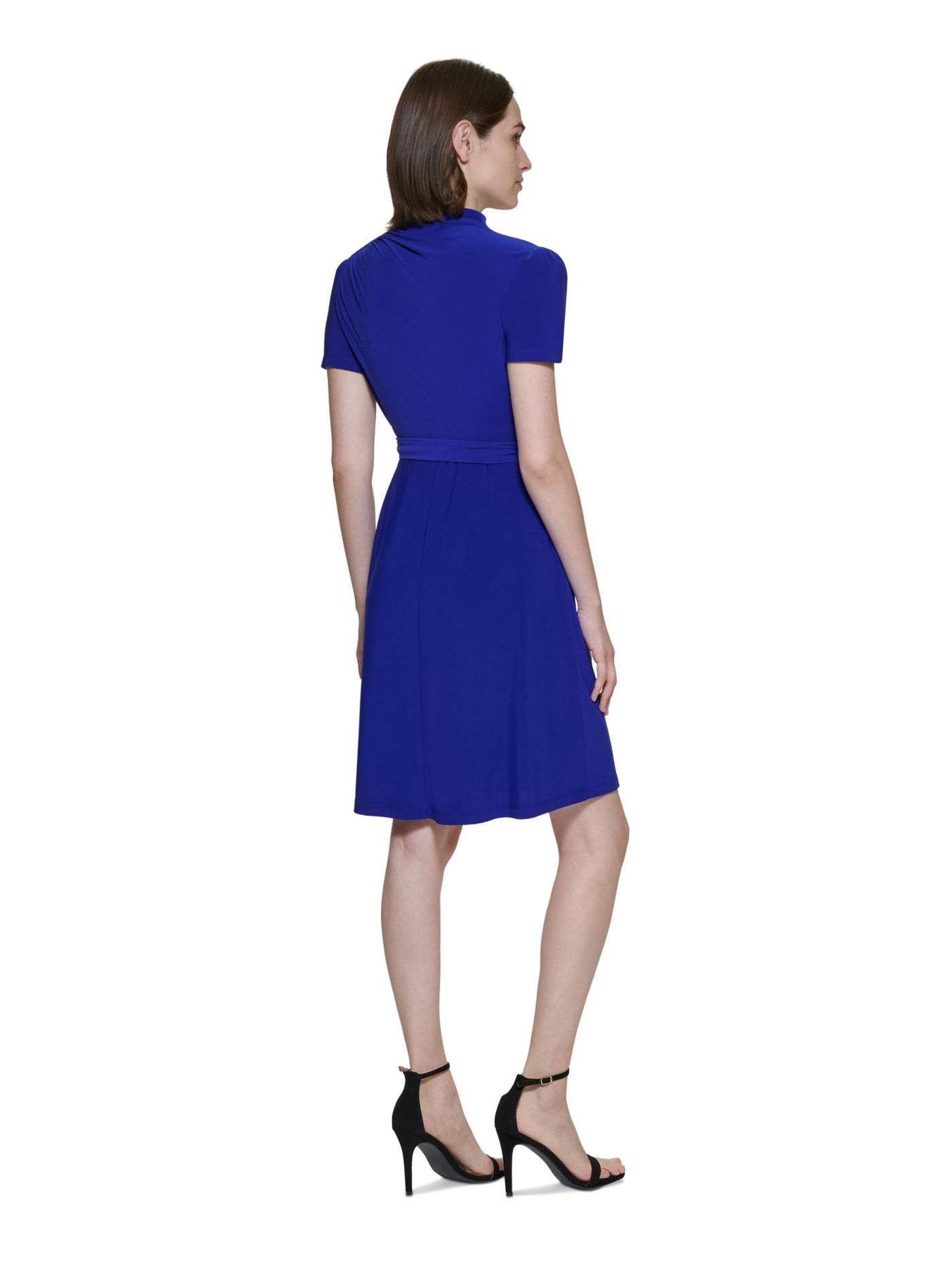 DKNY Womens Blue Belted Ruched Funnel Neck Button Detail Short Sleeve Above The Knee Wear To Work Fit + Flare Dress 16