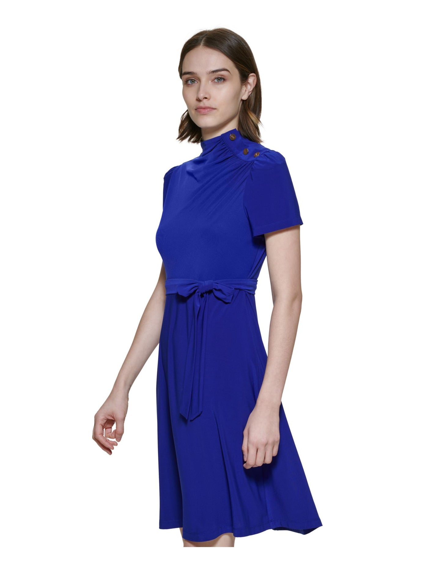 DKNY Womens Blue Belted Ruched Funnel Neck Button Detail Short Sleeve Above The Knee Wear To Work Fit + Flare Dress 16