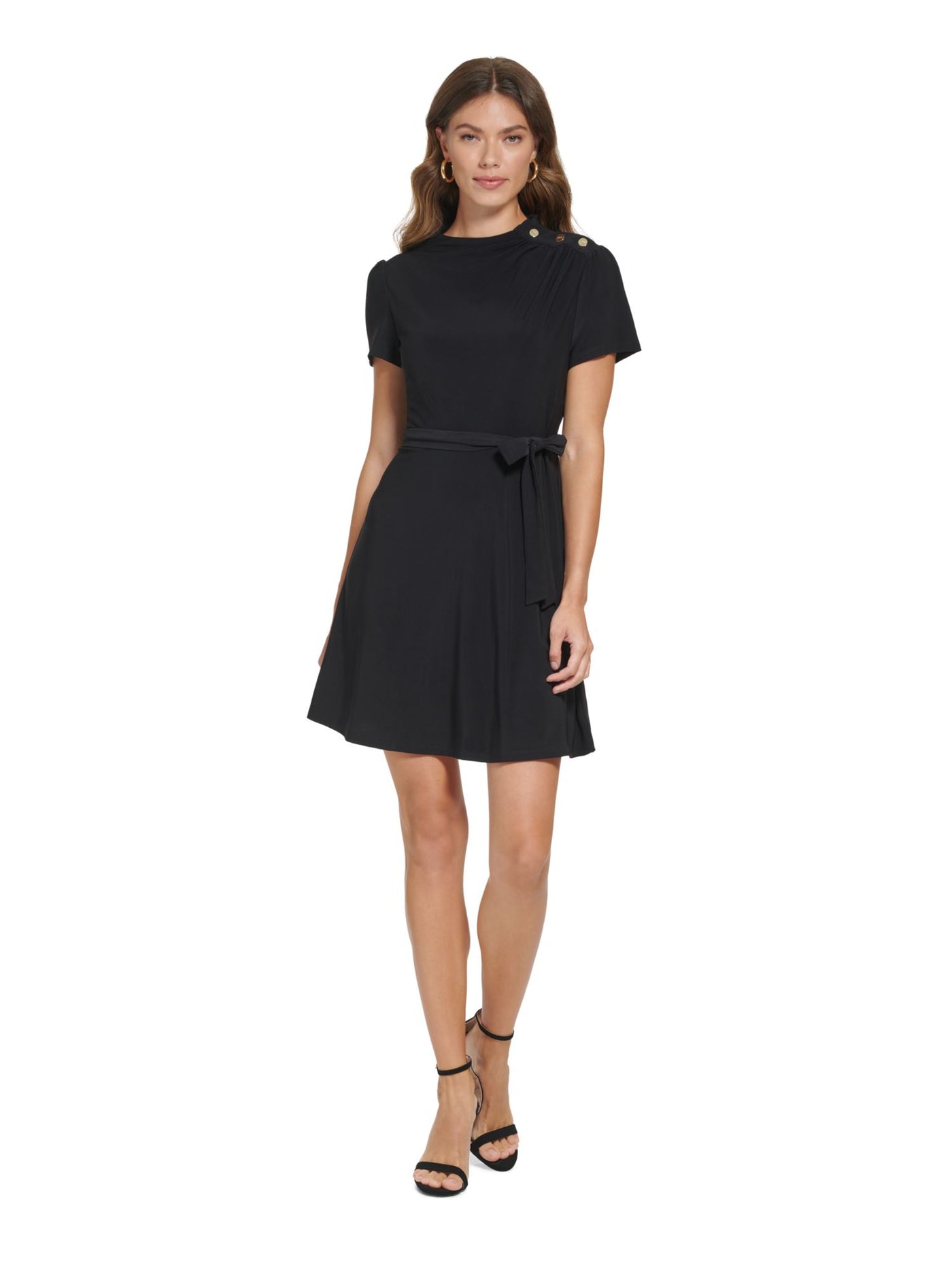 DKNY Womens Black Belted Ruched Funnel Neck Button Detail Short Sleeve Above The Knee Wear To Work Fit + Flare Dress 12