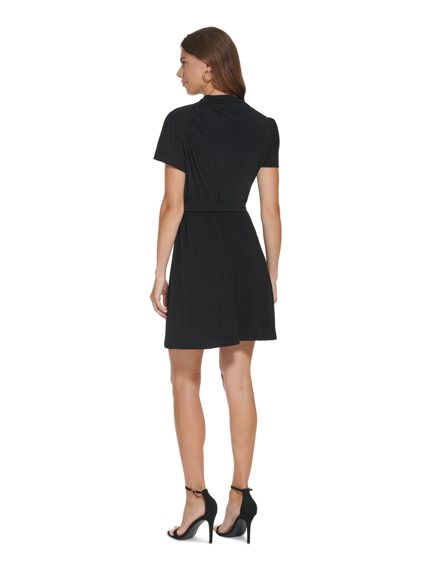 DKNY Womens Black Belted Ruched Funnel Neck Button Detail Short Sleeve Above The Knee Wear To Work Fit + Flare Dress 12