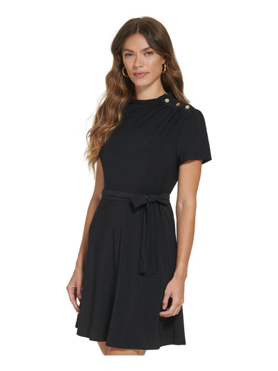 DKNY Womens Black Belted Ruched Funnel Neck Button Detail Short Sleeve Above The Knee Wear To Work Fit + Flare Dress 12