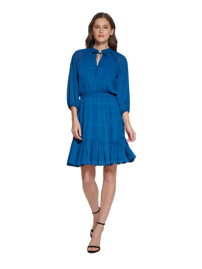 DKNY Womens Blue Ruffled Tie Smocked Waist Lined Pullover Striped 3/4 Sleeve Split Above The Knee Wear To Work Fit + Flare Dress 12