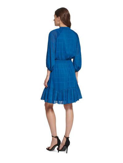 DKNY Womens Blue Ruffled Tie Smocked Waist Lined Pullover Striped 3/4 Sleeve Split Above The Knee Wear To Work Fit + Flare Dress 2